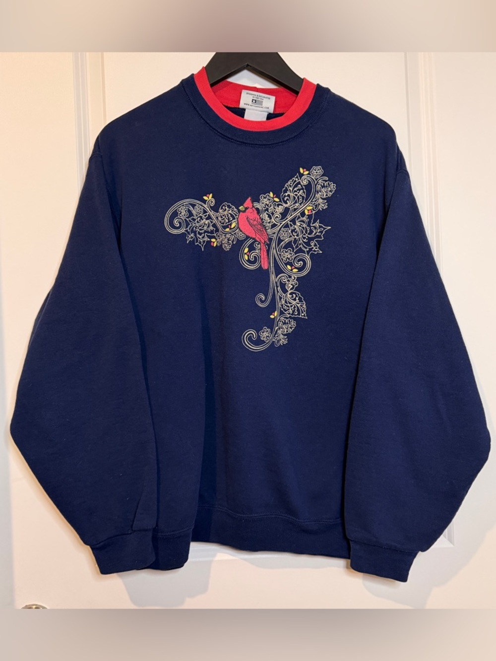 Artisan Navy Crewneck with Pink Cardinal and Gold Accents